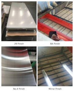 Comparison of stainless steel surface finishes 2B BA No.4 and mirror
