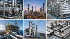 Industrial applications of Incoloy and nickel alloy materials in chemical processing, marine systems, power plants and fabricated components.