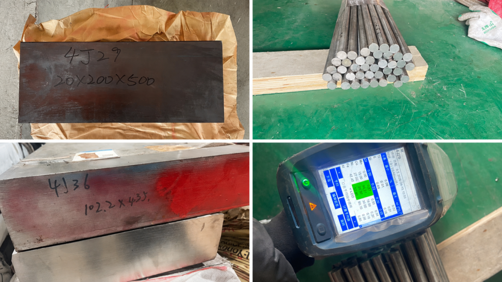 Precision alloy material samples and inspection photos including 4J29 block, alloy bars, 4J36 material and handheld composition testing.